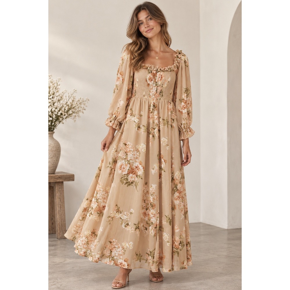 NWT Aakaa Floral Smocked Maxi Dress Beige Ruffle Square Neck Balloon Sleeve Med